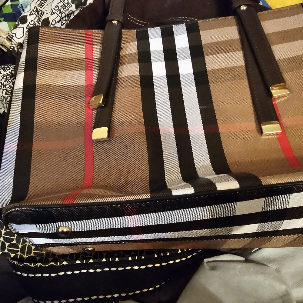 Brown Plaid Handbag with Black and Red Stripes